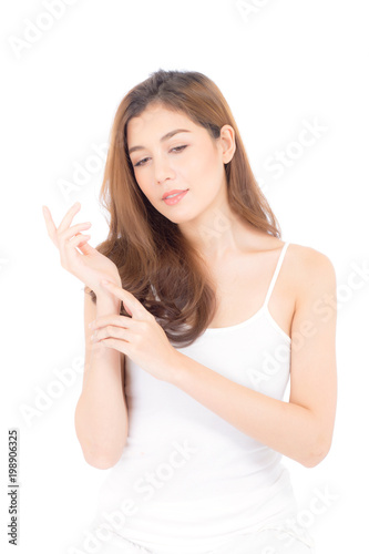 Beautiful girl with makeup, woman and skin care concept / attractive asia girl smilling on face isolated on white background.