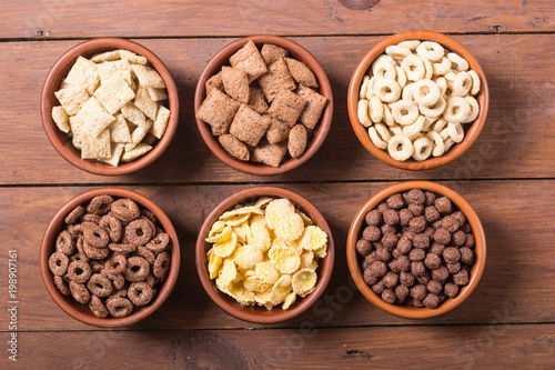 Cereals . Breakfast with milk and chocolate cornflakes