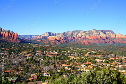 Landscape panoramic view of Sedona in Red Rock Country in the Coconino National Forest in Arizona, southwest United States photo
