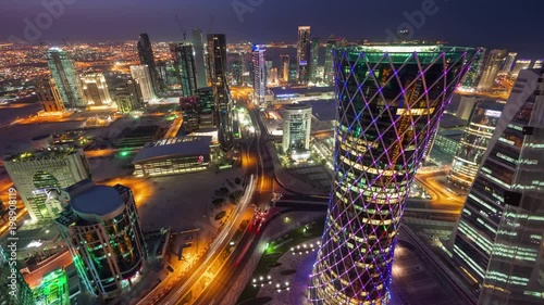 night illuminated doha cityscape rooftop traffic streets panorama 4k timelapse qatar
