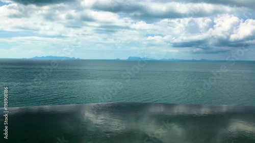 Timelapse of Clear Pool with Great Picturesque Sea View. Villa on the Ocean Bay with Clouds Reflection in Panoramic Pool. photo