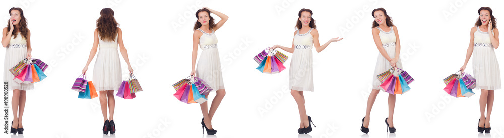 Set of woman with shopping bags on white