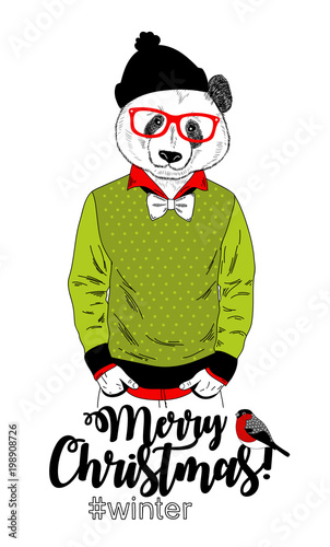 Fototapeta Naklejka Na Ścianę i Meble -  Creative illustration of panda bear in green sweater.
