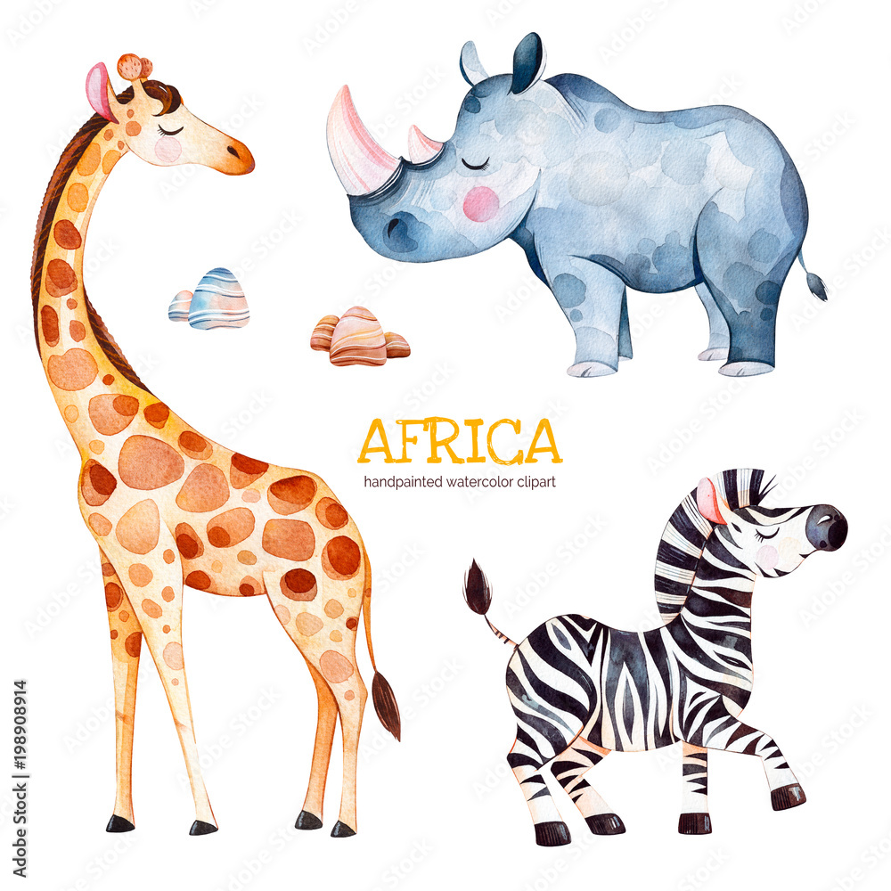 Naklejka premium Zestaw akwareli Afryki. Kolekcja safari z żyrafą, nosorożcem, zebrą, kamieniami. Kolorowe urocze zwierzęta. Idealny do tapet, nadruków, opakowań, zaproszeń, baby shower, wzorów, podróży, logo itp.