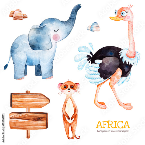 Africa watercolor set.Safari collection with ostrich,elephant,meercat,wooden sign,stones.Watercolor cute animals.Perfect for wallpaper,print,packaging,invitations,Baby shower,patterns,travel,logos etc