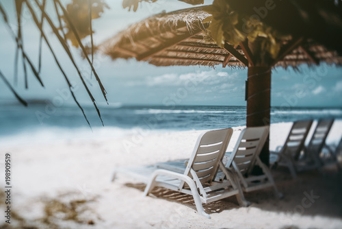 Fototapeta Naklejka Na Ścianę i Meble -  True tilt-shift view of several white plastic daybeds in a row under sunshade with the roof made of dry palm leaves; leaves in the foreground, seascape, and horizon in the background, selective focus