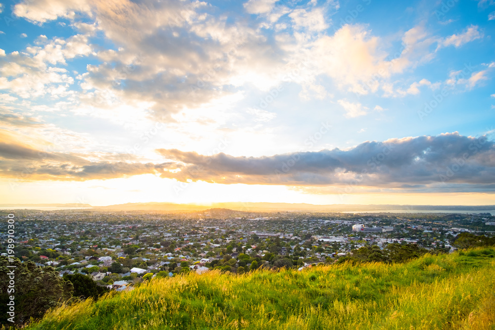 Beutiful landscape of Auckland city at sunset, New Zealand. view from Mt. Eden.