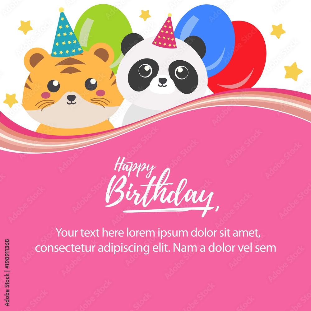 happy birthday with cute tiger and panda