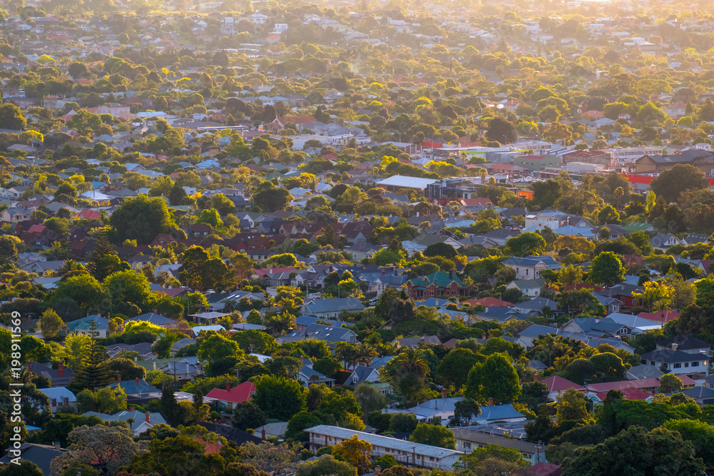 View of a town in Auckland, New Zealand. View from Mt. Eden.