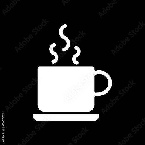 cup of hot tea or coffee icon. White icon on black background. Inversion