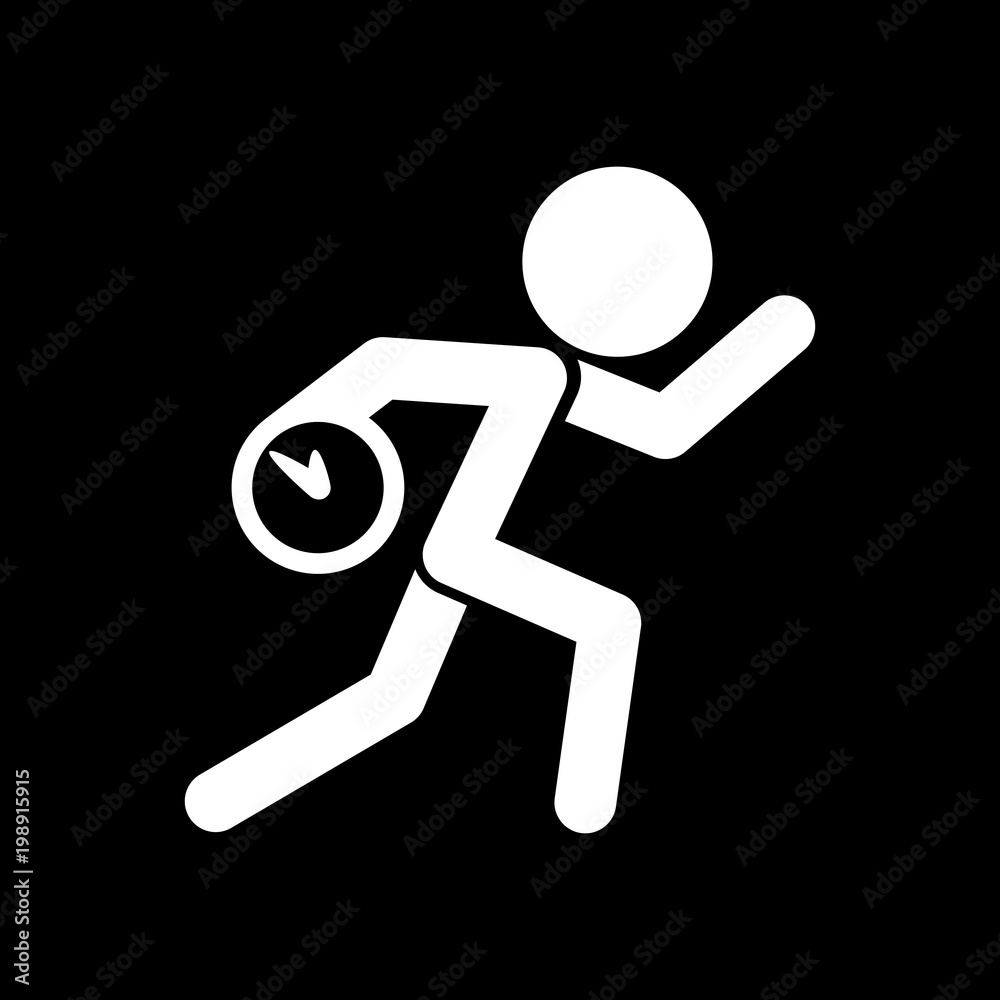 Running man with clock. Simple icon. To be late. An unpleasant situation. White icon on black background. Inversion Running man with clock. Simple icon. To be late. An unpleasant situation. White icon on black background. Inversion
