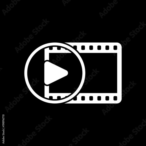movie strip with play symbol in circle. simple silhouette. White icon on black background. Inversion