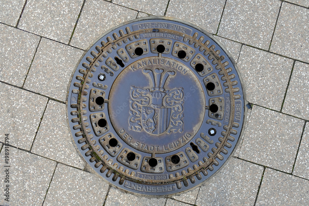 Decorative manhole / drain cover in Leipzeig City, Germany