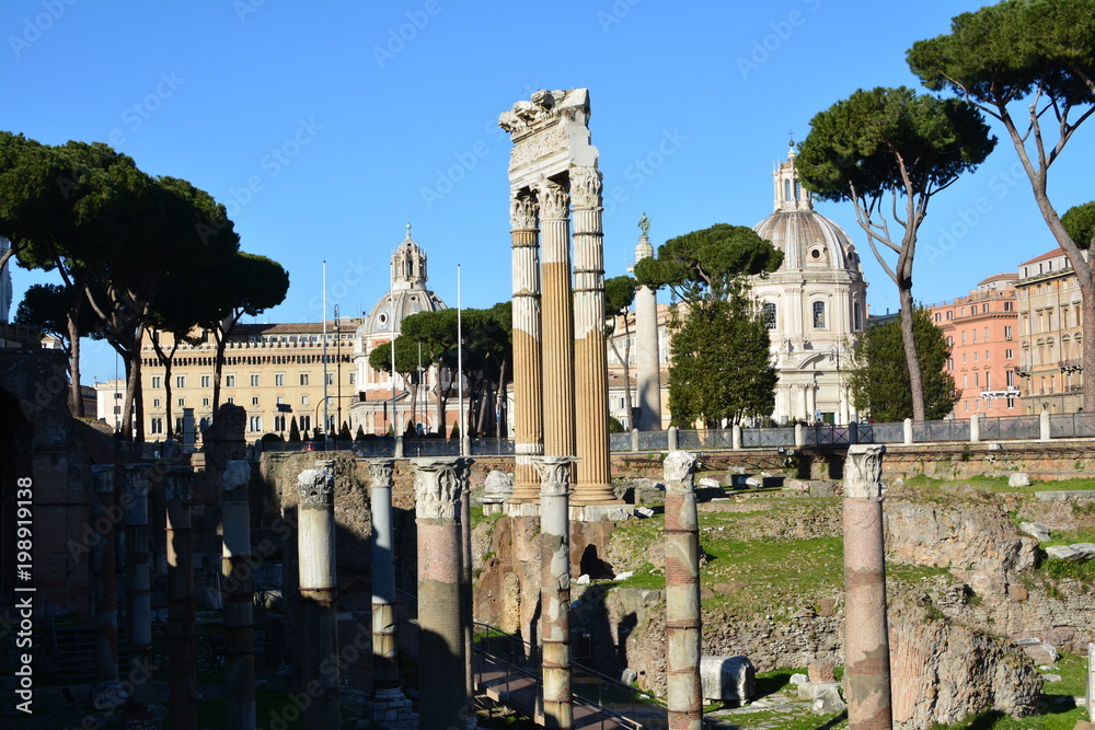 The three famous columns of the Roman forum in a row