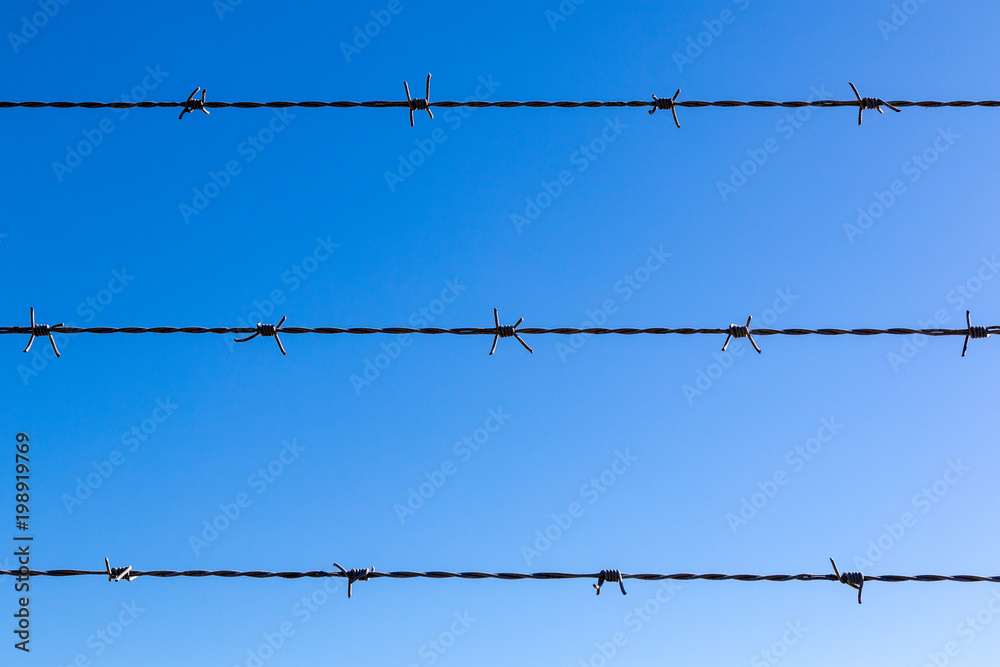 Close up view of barb wire fence against blue sky Close up view of barb wire fence against blue sky