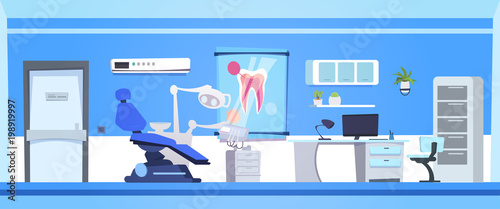 Dental Office Interior Empty Dentist Hospital Or Clinic Room Flat Vector Illustration
