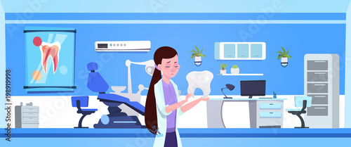Woman Doctor Holding Tooth Over Dental Office Interior Dentist Hospital Or Clinic Concept Flat Vector Illustration