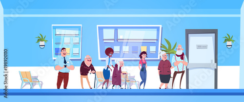 Group Of Patients Standing In Line To Doctors Office In Modern Hospital Or Clinic Flat Vector Illustration