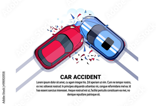 Car Accident Top View Vehicle Collision Icon Over White Background With Copy Space Flat Vector Illustration