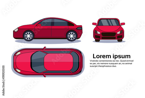 Car On White Background Isolated Top  Side And Front View Over Copy Space Flat Vector Illustration