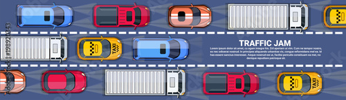 Road Full Of Cars And Trucks Top Angle View Traffic Jam On Highway Horizontal Banner With Copy Space Flat Vector Illustration