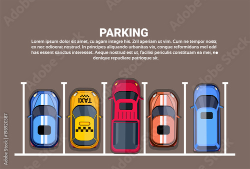 Top View Of City Parking Lots With Set Of Different Cars, Park Zone Banner Flat Vector Illustration