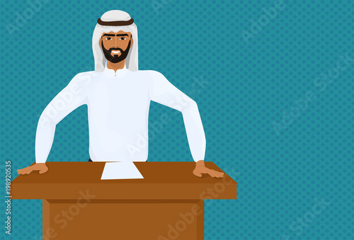 Arab Business Man Or Politician Leading Speech On Conference Or Meeting Presentation Standing At Tribune Flat Vector Illustration