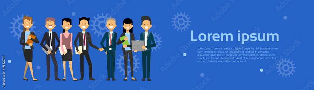 Team Of Modern Businesspeople Business Man And Woman Cartoon Standing Over Background With Copy Space Horizontal Banner Vector Illustration Team Of Modern Businesspeople Business Man And Woman Cartoon Standing Over Background With Copy Space Horizontal Banner Vector Illustration