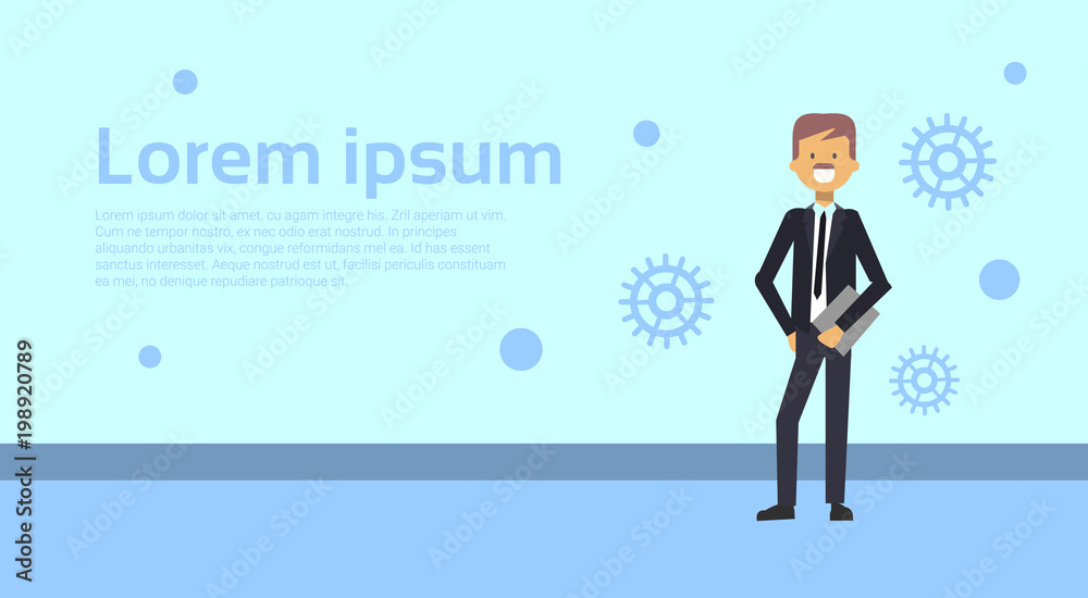 Successful Business Man Holding Document Folder Over Background With Copy Space Vector Illustration Successful Business Man Holding Document Folder Over Background With Copy Space Vector Illustration