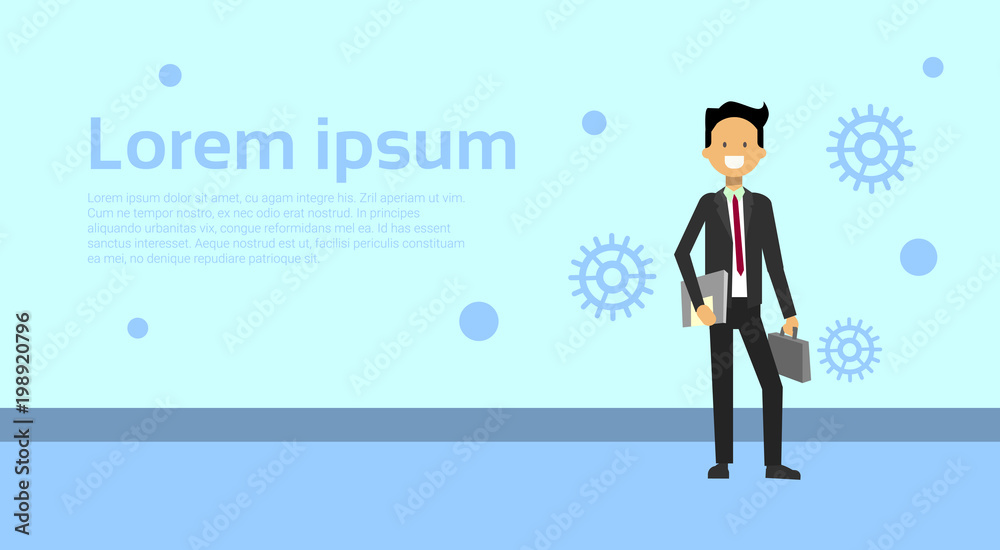 Elegant Business Man In Suit With Briefcase And Document Folder Over Background With Copy Space Vector Illustration