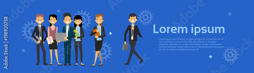 Group Of Business People Businessman And Businesswoman Cartoon Standing Over Background With Copy Space Horizontal Banner Vector Illustration
