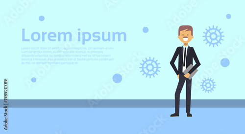 Successful Business Man Holding Document Folder Over Background With Copy Space Vector Illustration