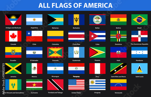 Flags of all countries of American continents. Flat style