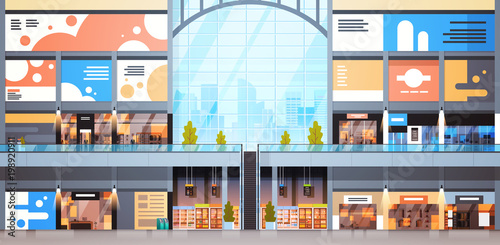Modern Shopping Mall Interior Big Many Boutiques Design Of Retail Store Flat Vector Illustration