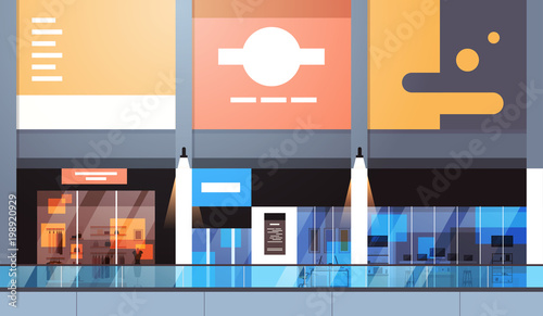 Modern Retail Store With Many Shops And Supermarket Empty Interior No People Flat Vector Illustration