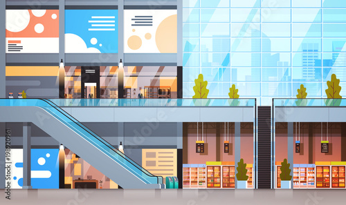 Modern Retail Store With Many Shops And Supermarket Empty Interior No People Flat Vector Illustration photo