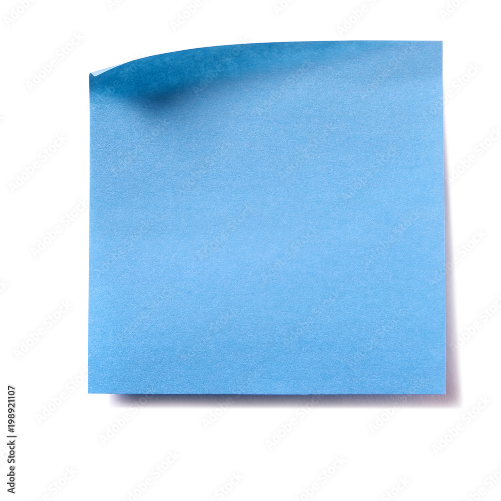 One single blue square sticky post it note isolated on white background photo One single blue square sticky post it note isolated on white background photo