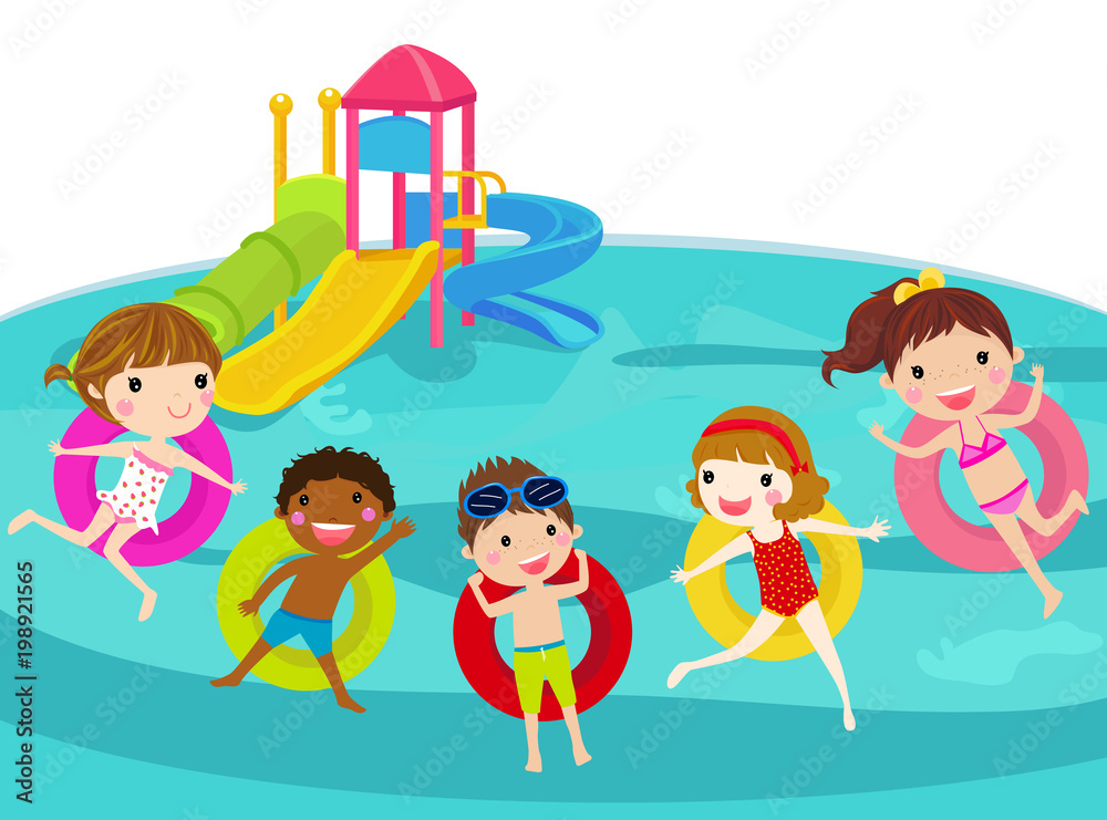 children in pool. vector illustration with swimming children