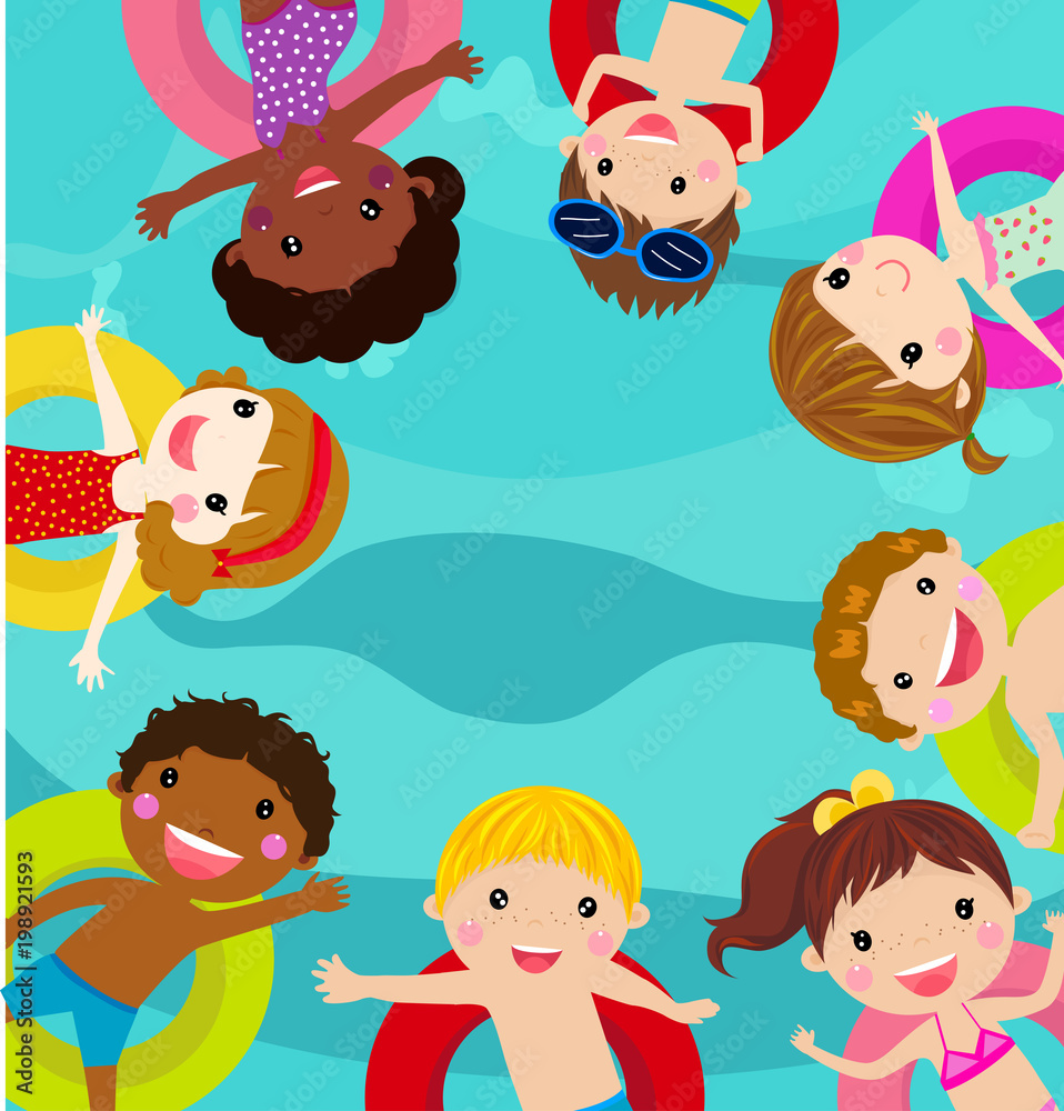 Naklejka premium children in pool. vector illustration with swimming children