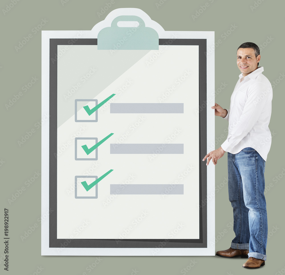 Fototapeta premium Man holding big clipboard mockup