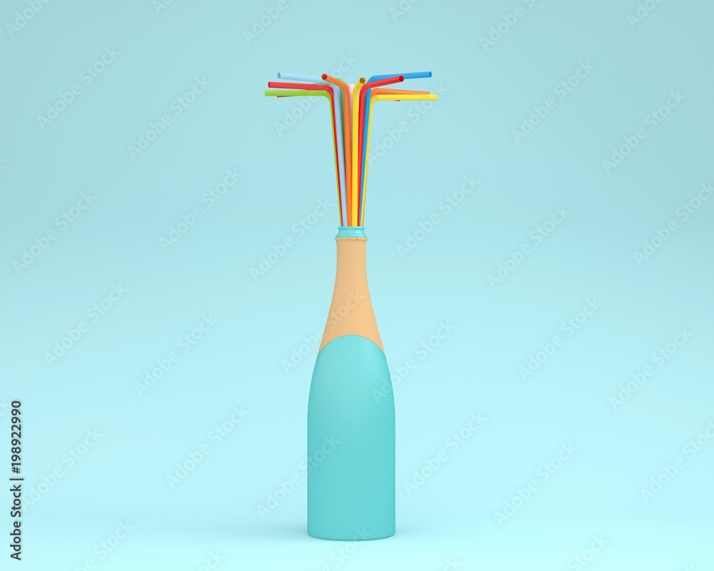 Champagne bottle with colorful straws on blue color pastel background