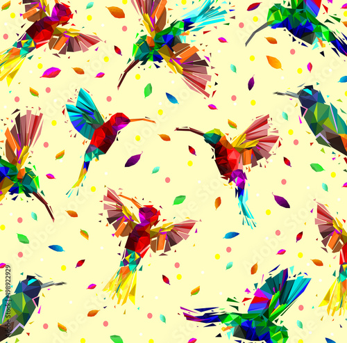 Pattern of  low poly colorful hummingbird with falling leaves back ground,animal geometric,Abstract vector.