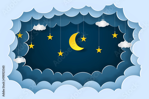 Origami layer skyscape of half moon, clouds and stars in the night as paper art and craft style concept. vector illustrator.