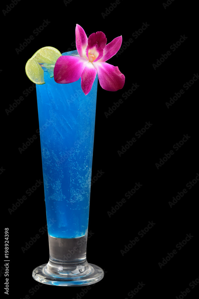 Blue Curacao cocktail decorated with lemon, selective focus Blue Curacao cocktail decorated with lemon, selective focus