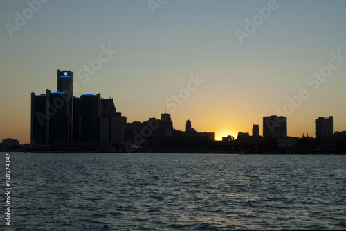 Detroit skyline silhouette at sunset