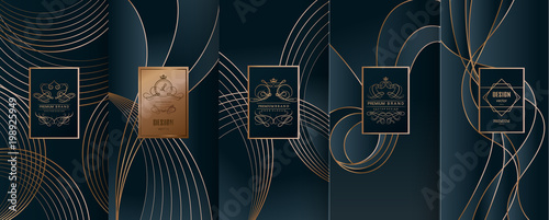 Collection of design elements,labels,icon,frames, for packaging,design of luxury products.for perfume,soap,wine, lotion.Made with golden foil.Isolated on line background.vector illustration