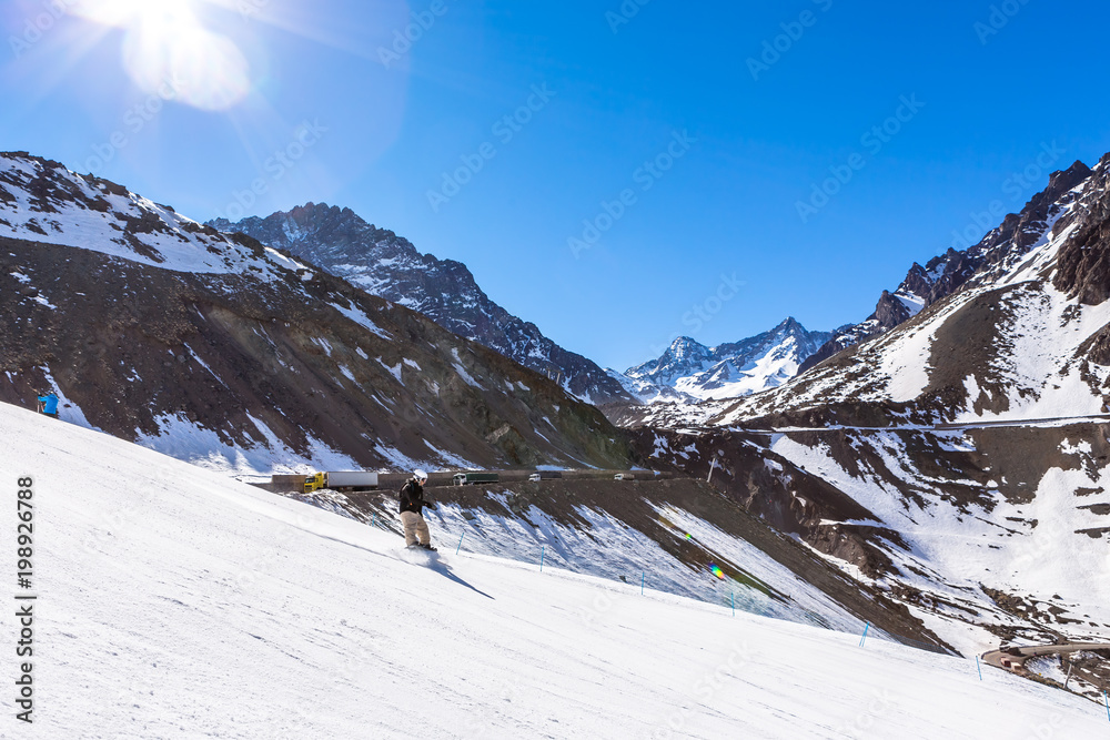 ski in chile on a sunny day with lots of snow.