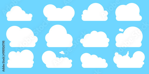 Set of clouds in blue sky. Flat сloud icon on blue background. Collection of different clouds, label, symbol. Graphic vector design element for logo, web, app and print. Vector Illustration.
