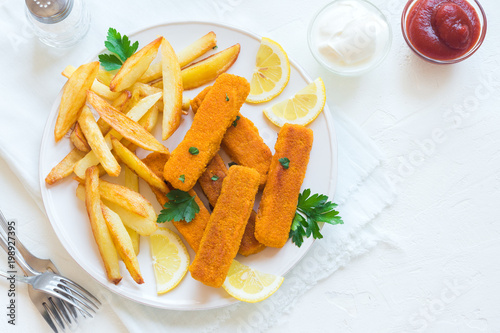 Fried Fish Sticks with French Fries