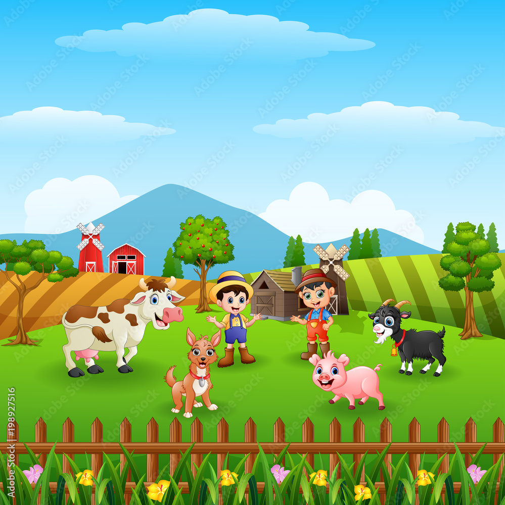 Naklejka premium Farm background on hill with the other animals